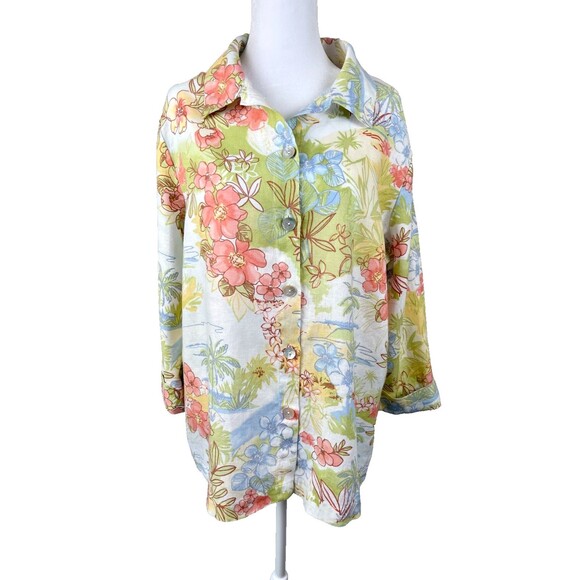 Hot Cotton Linen Tunic Top XL Button Front 3/4 Sleeves Coastal Cottage Tropical - Picture 1 of 16
